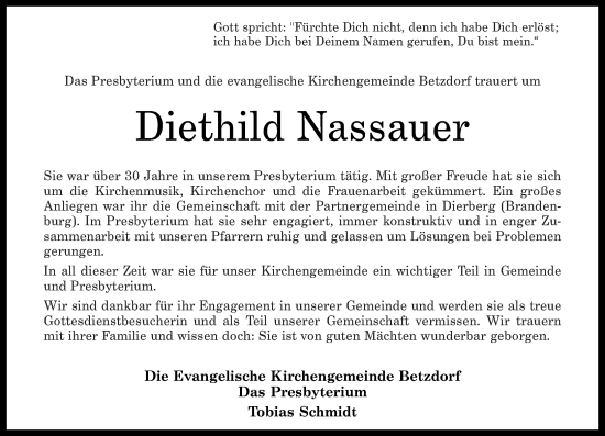 Traueranzeige von Diethild Nassauer von Rhein-Zeitung