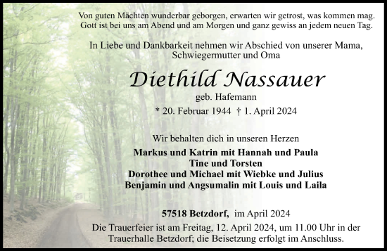 Traueranzeige von Diethild Nassauer von Rhein-Zeitung