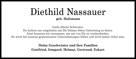 Traueranzeige von Diethild Nassauer von Rhein-Zeitung