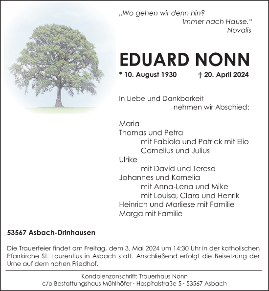 Traueranzeige von Eduard Nonn von Rhein-Zeitung