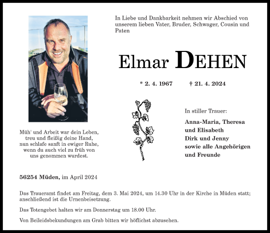 Traueranzeige von Elmar Dehen von Rhein-Zeitung