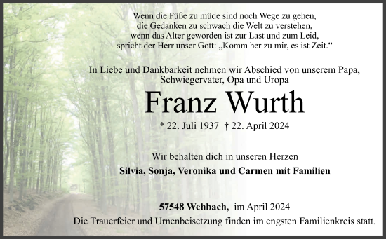 Traueranzeige von Franz Wurth von Rhein-Zeitung