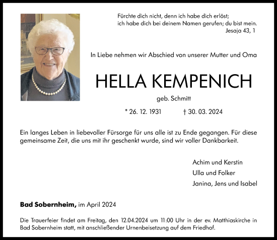 Traueranzeige von Hella Kempenich von Oeffentlicher Anzeiger