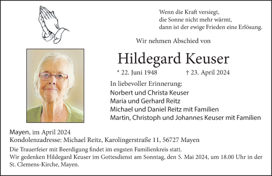 Traueranzeige von Hildegard Keuser von Rhein-Zeitung