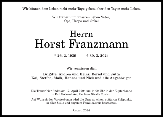 Traueranzeige von Horst Franzmann von Oeffentlicher Anzeiger