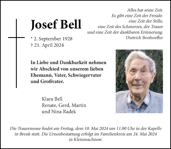 Traueranzeige von Josef Bell von Rhein-Zeitung