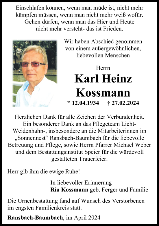Traueranzeige von Karl Heinz Kossmann von Westerwälder Zeitung