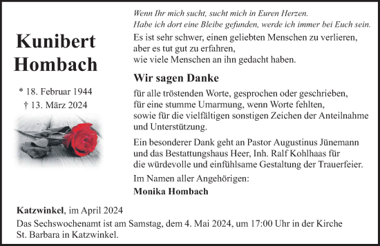 Traueranzeige von Kunibert Hombach von Rhein-Zeitung