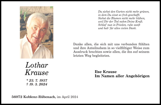 Traueranzeige von Lothar Krause von Rhein-Zeitung