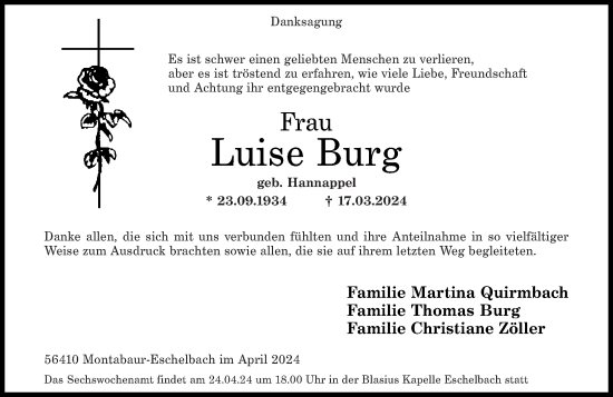 Traueranzeige von Luise Burg von Westerwälder Zeitung