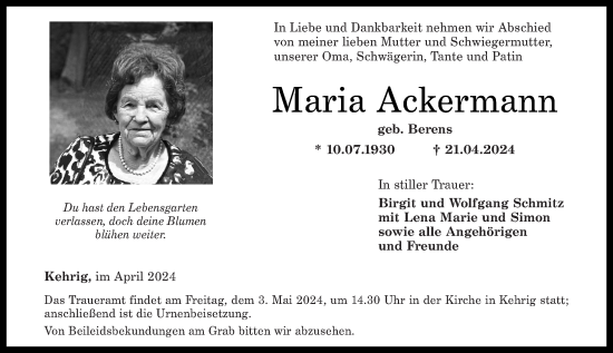 Traueranzeige von Maria Ackermann von Rhein-Zeitung