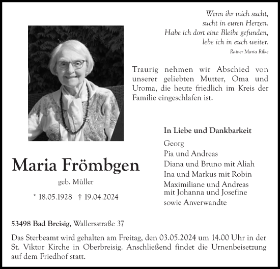 Traueranzeige von Maria Frömbgen von Rhein-Zeitung
