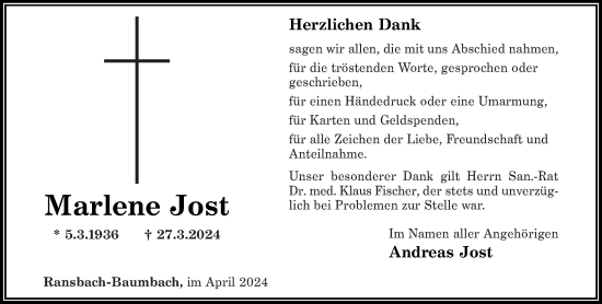 Traueranzeige von Marlene Jost von Westerwälder Zeitung