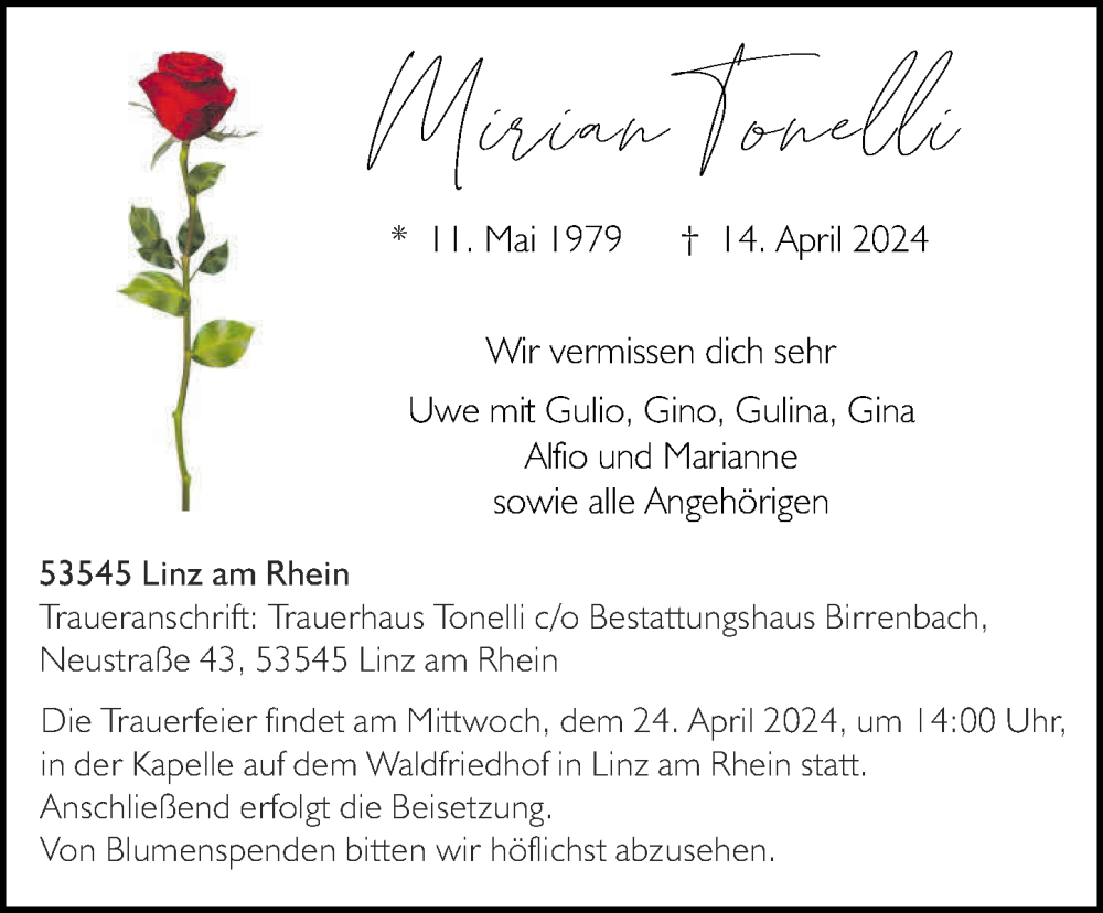  Traueranzeige für Mirian Tonelli vom 20.04.2024 aus Rhein-Zeitung