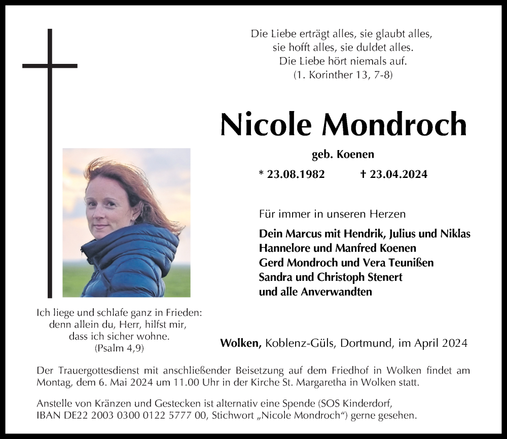  Traueranzeige für Nicole Mondroch vom 27.04.2024 aus Rhein-Zeitung
