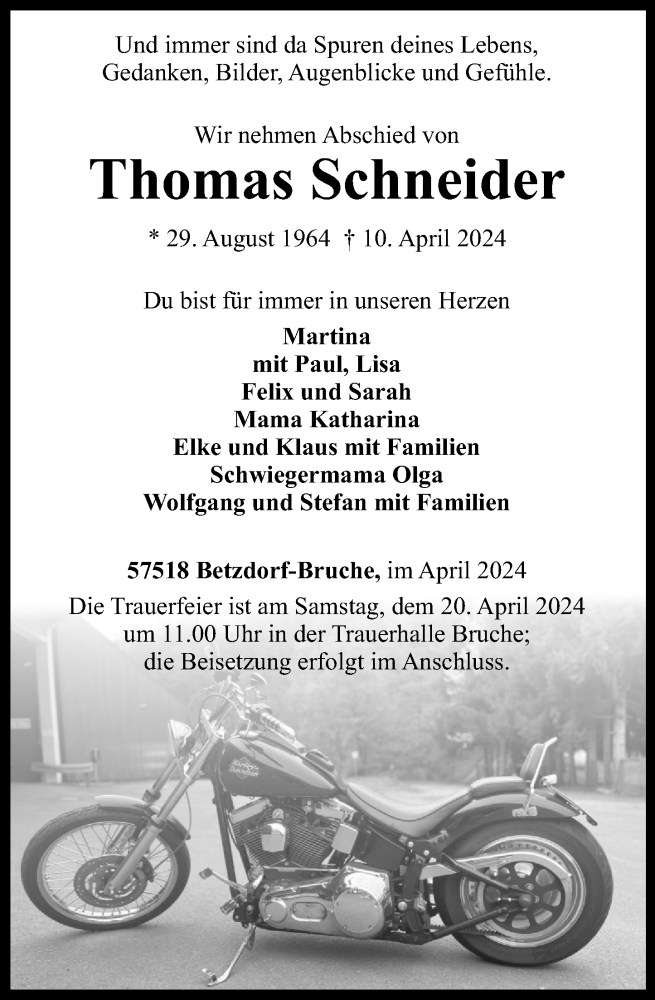  Traueranzeige für Thomas Schneider vom 16.04.2024 aus Rhein-Zeitung