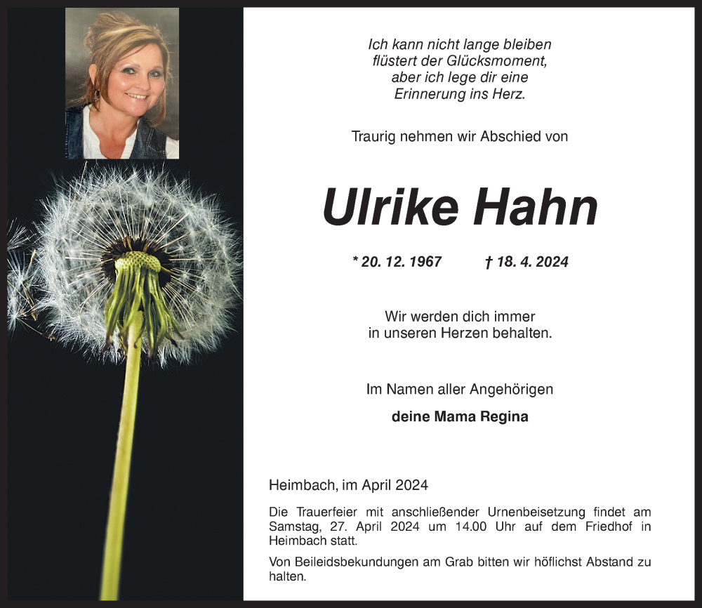 Traueranzeige für Ulrike Hahn vom 25.04.2024 aus Nahe-Zeitung