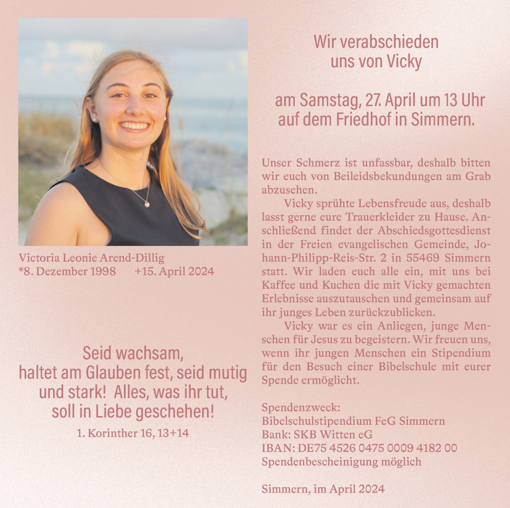  Traueranzeige für Viktoria Leonie Arend-Dillig vom 25.04.2024 aus Rhein-Hunsrück-Zeitung