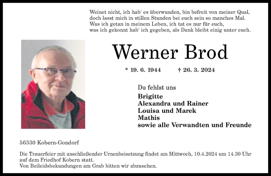 Traueranzeige von Werner Brod von Rhein-Zeitung