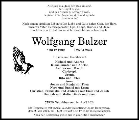 Traueranzeige von Wolfgang Balzer von Westerwälder Zeitung, Rhein-Zeitung