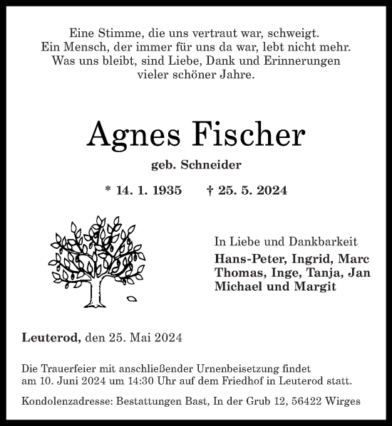 Traueranzeige von Agnes Fischer von Westerwälder Zeitung