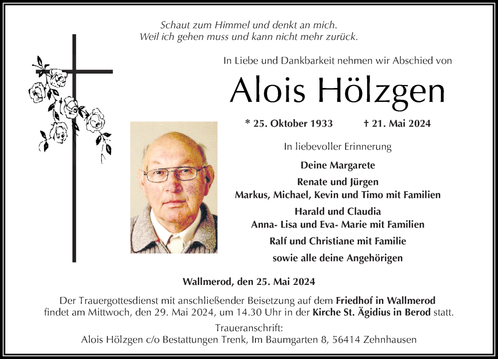  Traueranzeige für Alois Hölzgen vom 25.05.2024 aus Westerwälder Zeitung