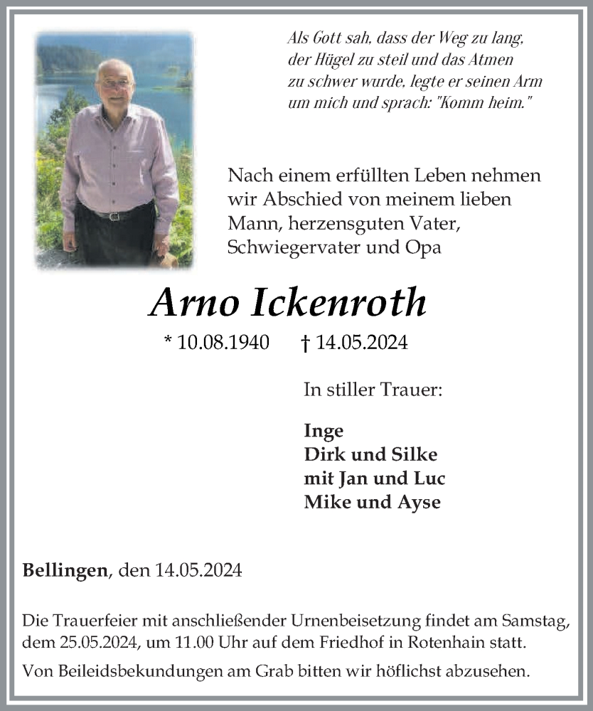  Traueranzeige für Arno Ickenroth vom 22.05.2024 aus Westerwälder Zeitung