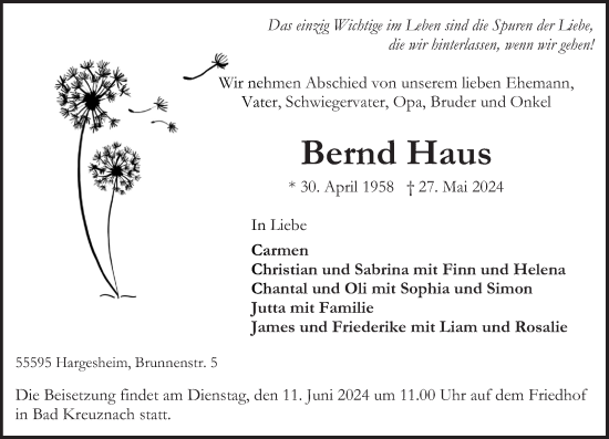 Traueranzeige von Bernd Haus von Oeffentlicher Anzeiger