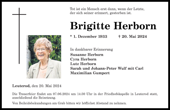 Traueranzeige von Brigitte Herborn von Westerwälder Zeitung