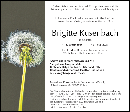 Traueranzeige von Brigitte Kusenbach von Rhein-Zeitung