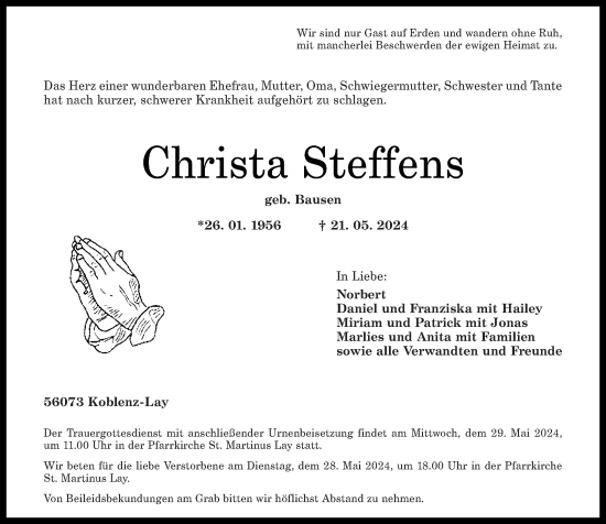 Traueranzeige von Christa Steffens von Rhein-Zeitung