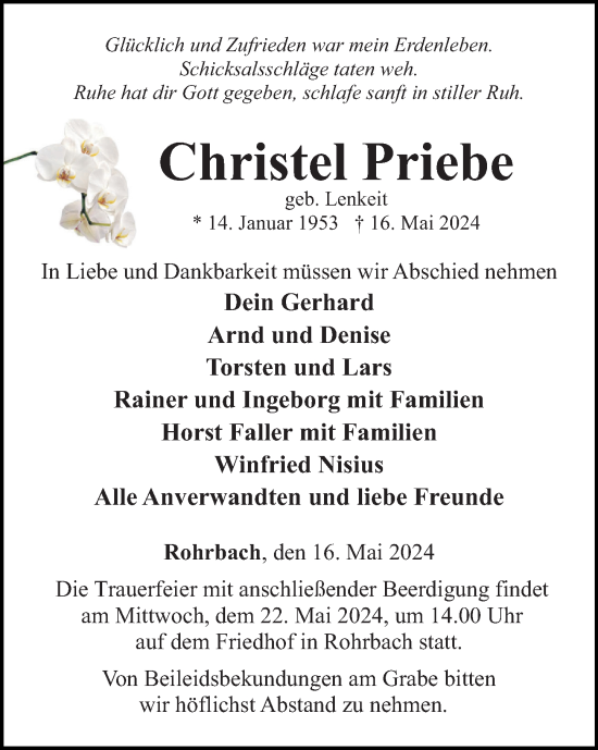 Traueranzeige von Christel Priebe von Rhein-Hunsrück-Zeitung