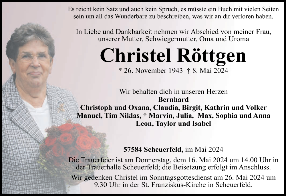  Traueranzeige für Christel Röttgen vom 14.05.2024 aus Rhein-Zeitung
