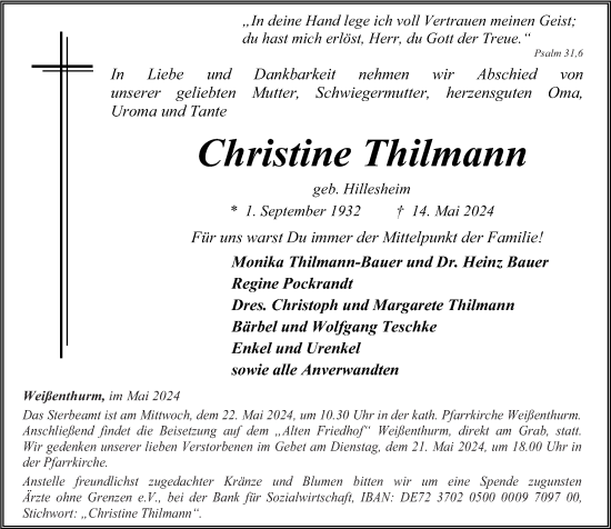 Traueranzeige von Christine Thilmann von Rhein-Zeitung