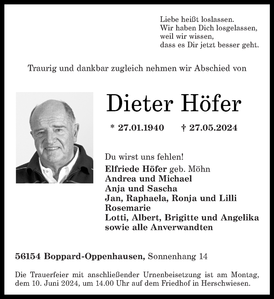  Traueranzeige für Dieter Höfer vom 01.06.2024 aus Rhein-Zeitung
