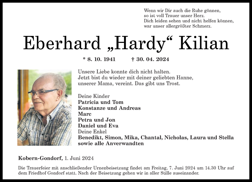  Traueranzeige für Eberhard  Kilian vom 01.06.2024 aus Rhein-Zeitung
