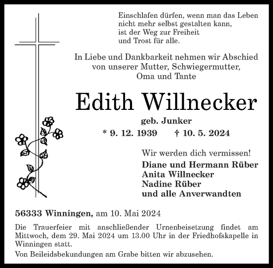 Traueranzeige von Edith Willnecker von Rhein-Zeitung