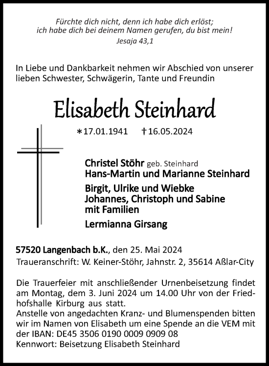 Traueranzeige von Elisabeth Steinhard von Westerwälder Zeitung