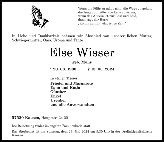 Traueranzeige von Else Wisser von Rhein-Zeitung