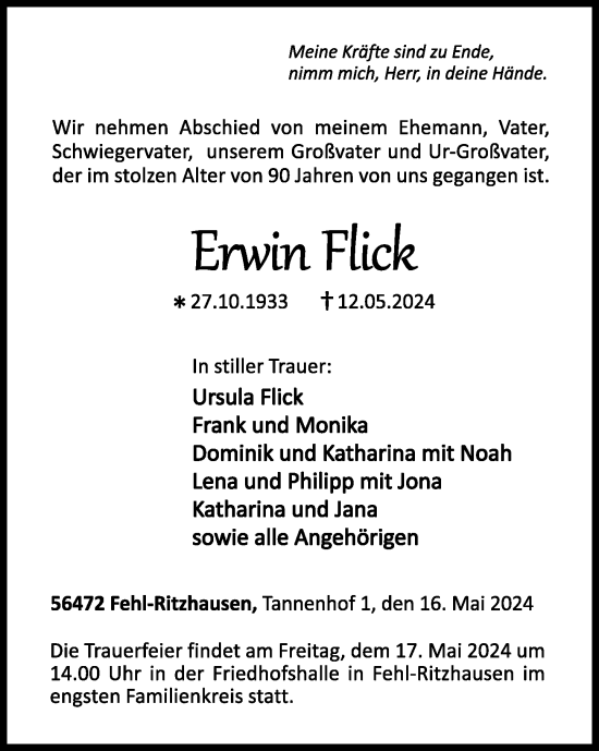 Traueranzeige von Erwin Flick von Westerwälder Zeitung