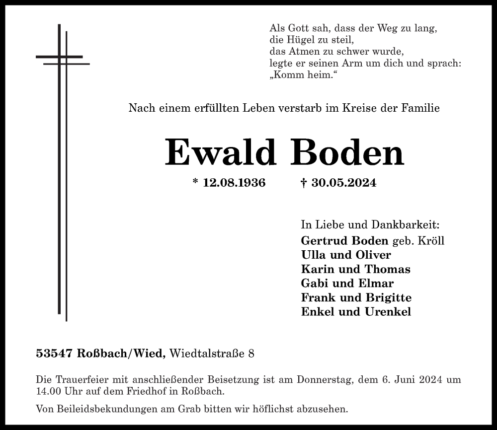  Traueranzeige für Ewald Boden vom 01.06.2024 aus Rhein-Zeitung