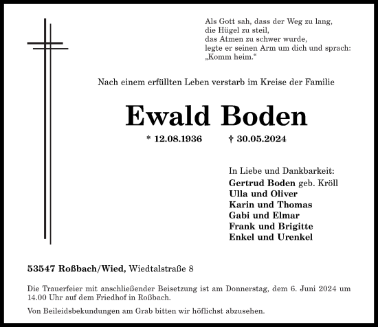 Traueranzeige von Ewald Boden von Rhein-Zeitung
