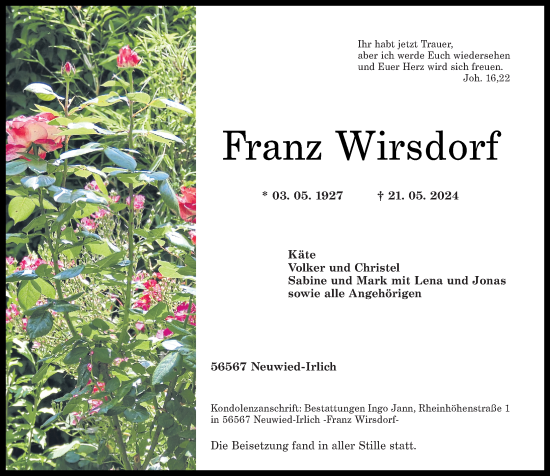 Traueranzeige von Franz Wirsdorf von Rhein-Zeitung