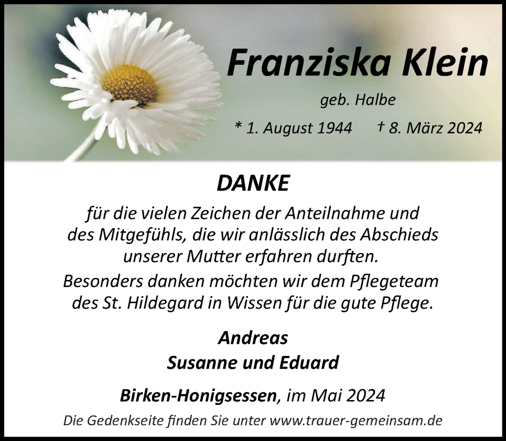 Traueranzeigen von Franziska Klein | rz-trauer.de