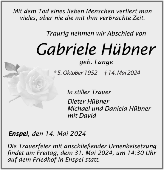 Traueranzeige von Gabriele Hübner von Westerwälder Zeitung