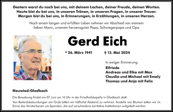 Traueranzeige von Gerd Eich von Rhein-Zeitung