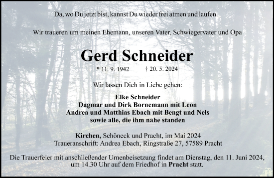 Traueranzeige von Gerd Schneider von Rhein-Zeitung