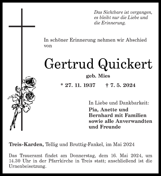 Traueranzeige von Gertrud Quickert von Rhein-Zeitung, Rhein-Hunsrück-Zeitung