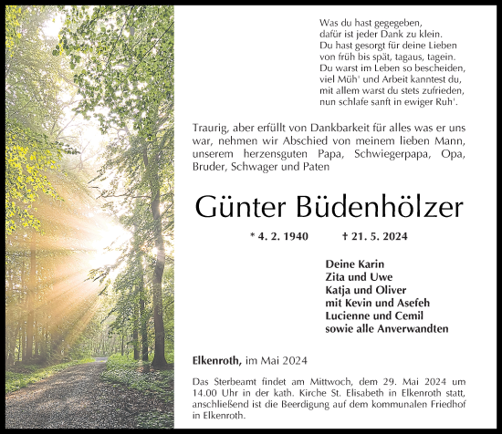 Traueranzeige von Günter Büdenhölzer von Rhein-Zeitung