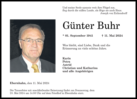 Traueranzeige von Günter Buhr von Westerwälder Zeitung